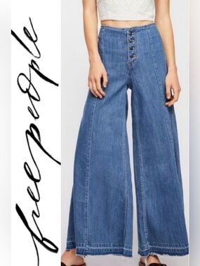 Free People Clear Blue Extreme Wide Leg Button Fly Jeans Women's Size 26